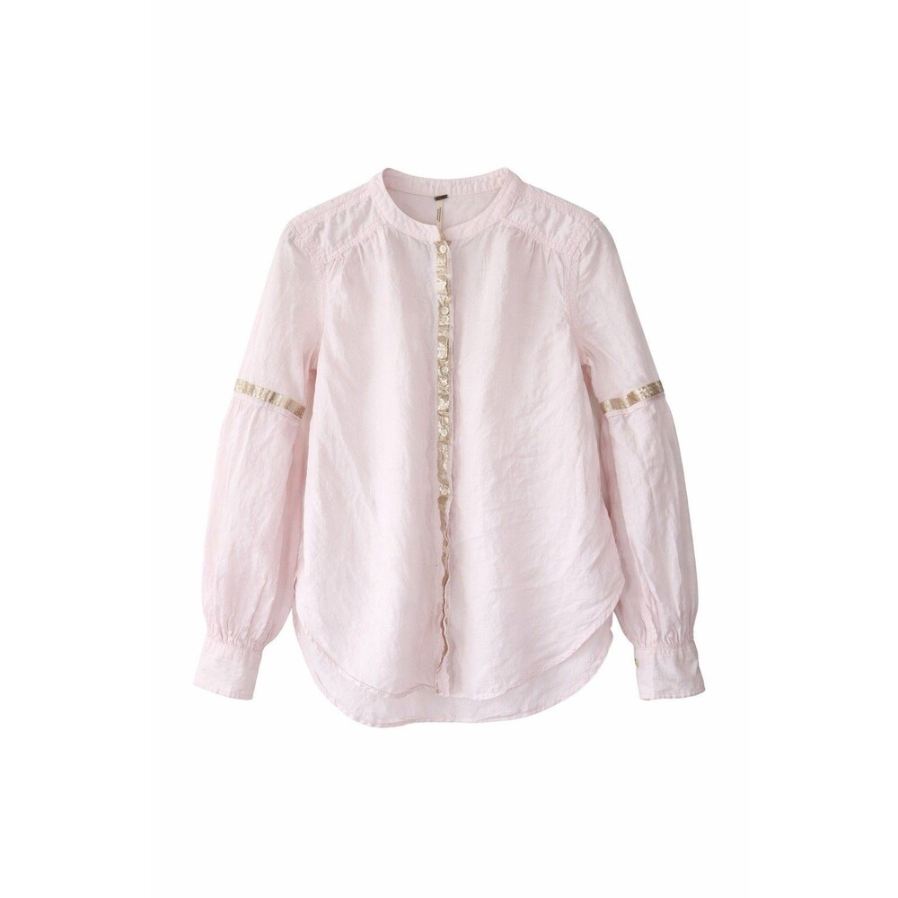 ✿ Free People Pink Cotton Boho Blouse Gold Trim Button Front XS Lightweight Top